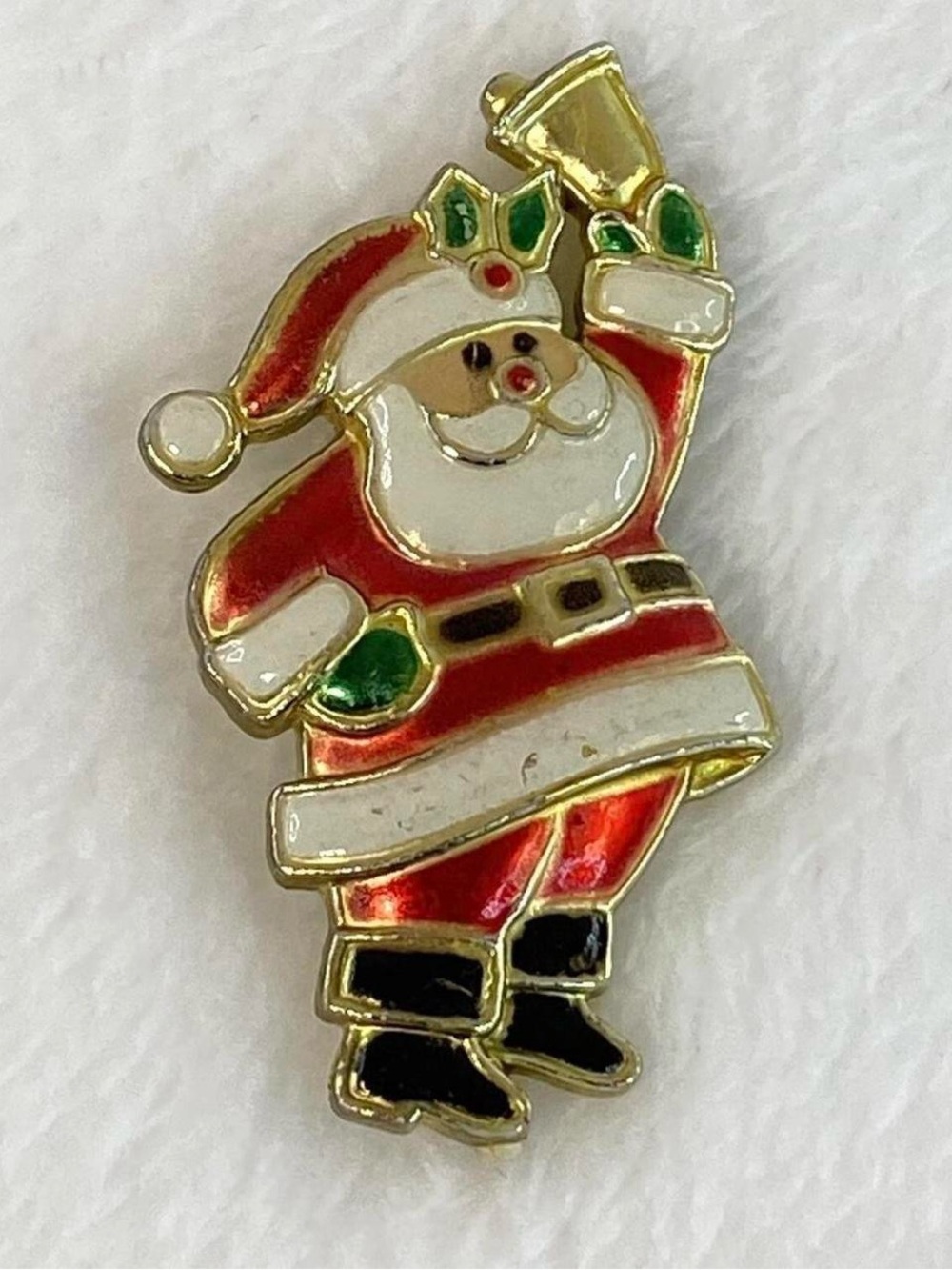 Vintage Santa Claus Ringing Bell Christmas Holiday Pin Made in Hong Kong Plastic